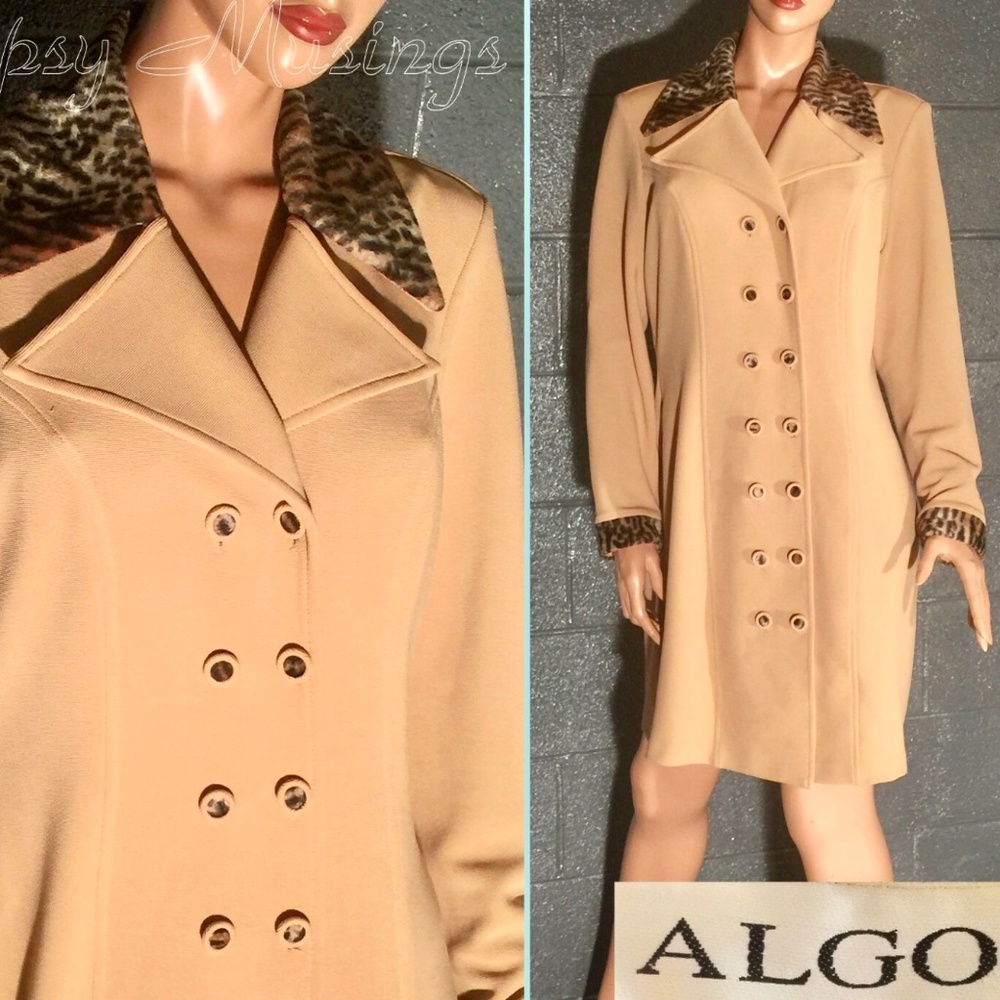 VTG ALGO Poly Knit Double Breasted Leopard Faux Fur Trimmed Collared Peacoat~10